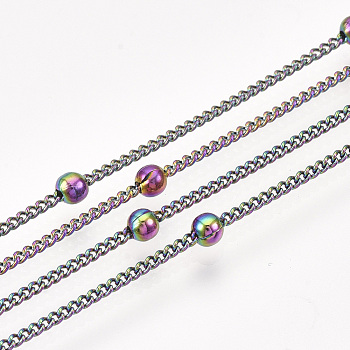 Brass Curb Chains, with Round Beads, with Spool, Soldered, Rainbow Color, 2.5x2x0.3mm, about 20yard/roll