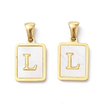 Ion Plating(IP) 304 Stainless Steel Pave Shell Pendants, Rectangle Charm, Real 18K Gold Plated, Letter L, 17.5x12x1.5mm, Hole: 3x5mm