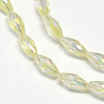 Electroplate Crystal Glass Rice Beads Strands, Faceted, Rainbow Color Plated, Light Yellow, 4x9mm, Hole: 1mm, about 58pcs/strand, 20.4 inch