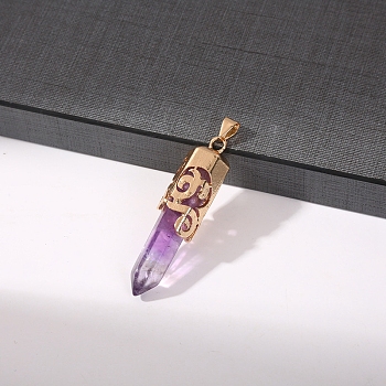 Natural Amethyst Pointed Hexagonal Big Pendants, Golden Plated Alloy Faceted Bullet Charms, 53x13mm