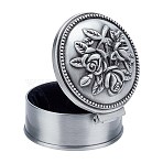 Aluminum Alloy Jewelry Box, Round with Flower, Antique Silver, 5.9x5.7x3.7cm(OBOX-WH0007-04AS)