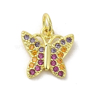 Real 18K Gold Plated Brass Pave Cubic Zirconia Pendants, with Jump Rings, Butterfly, Colorful, 12.5x12x2mm, Hole: 3mm(KK-M283-10E-02)