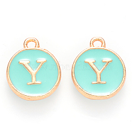Golden Plated Alloy Enamel Charms, Cadmium Free & Lead Free, Enamelled Sequins, Flat Round with Letter, Turquoise, Letter.Y, 14x12x2mm, Hole: 1.5mm(X-ENAM-S118-05Y)