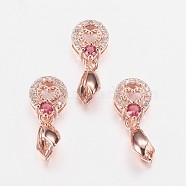 Long-Lasting Plated Brass Micro Pave Cubic Zirconia Ice Pick Pinch Bails, Flat Round with Heart, Camellia, Real Rose Gold Plated, 19mm, Hole: 2x4mm, Pin: 0.6mm(X-ZIRC-F069-04B-RG)