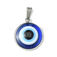 Stainless Steel Pave Resin Pendants, Blue Evil Eye Charms with Snap on Bail, Stainless Steel Color, 23x19.5x4.5mm, Hole: 7.5x3.5mm(PALLOY-JF02401)