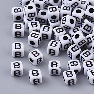 White Opaque Acrylic Beads, Horizontal Hole, Cube with Black Alphabet, Letter.B, 4~5x4~5x4~5mm, Hole: 1.8mm, about 6470~6500pcs/500g(MACR-R869-02B)