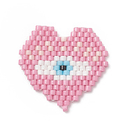 Handmade Loom Pattern MIYUKI Seed Beads, Heart with Evil Eye Pendants, Pearl Pink, 22x23x1.8mm, Hole: 0.7mm(PALLOY-MZ00062)