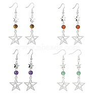 4 Pairs 4 Style Natural Mixed Gemstones Dangle Earrings, Hollow Star Tibetan Style Alloy Long Drop Earrings, 63x20.5mm, 1 Pair/style(EJEW-TA00377)