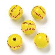 Printed Wood European Beads, Round, Baseball, 15.5~16mm, Hole: 4~4.5mm(WOOD-G022-11B)