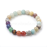 Natural Flower Amazonite Beads Stretch Bracelets, with Mixed Stone and Alloy Bead Spacer, Round, Burlap Packing, Antique Silver, 2 inch(5.2cm), Bag: 12x8.5x3cm(BJEW-JB03846-05)
