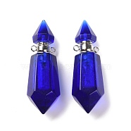 Faceted Glass Perfume Bottle Pendants, with Platinum Tone Brass Findings, Cadmium Free & Lead Free, Bottle, Medium Blue, 42~44x13x13mm, Hole: 1.6mm(GLAA-G080-01B-P)