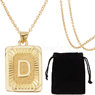 1Pc Brass Pendants, 1Pc Brass Cable Chain Necklaces, 1Pc Rectangle Velvet Pouches, Letter D, 23~445x15.5~70x2mm(NJEW-BBC0001-18D)