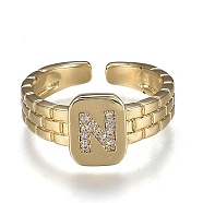 Brass Micro Pave Clear Cubic Zirconia Cuff Rings, Open Rings, Cadmium Free & Lead Free, Rectangle, Golden, Letter.N, US Size 6 1/4, Inner Diameter: 16.8mm(RJEW-H538-02G-N)