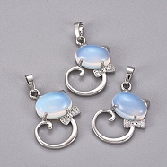 Opalite Kitten Pendants, with Platinum Tone Brass Findings and Crystal Rhinestone, Cat with Bowknot Shape, 32x25.5x7.5mm, Hole: 4.5x7mm(G-L512-R21)