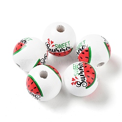 Summer Theme Printed Wood European Beads, Large Hole Watermelon Print Round Beads, Red, 16mm, Hole: 4mm(WOOD-M010-06D)