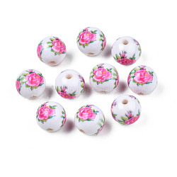 Opaque Printed Acrylic Beads, Round with Flower Pattern, White, 9x9.5mm, Hole: 1.8mm(MACR-T043-02G-01)