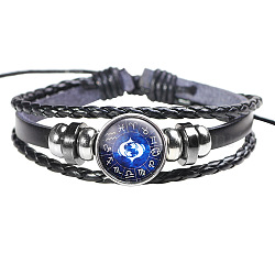 12 Constellation Leather Cord Bracelets, with Alloy Beads and Wax Cord, Flat Round, Pisces, 2-3/8 inch(6cm)(BJEW-P240-E08)