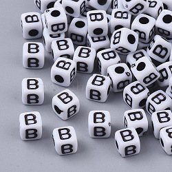 White Opaque Acrylic Beads, Horizontal Hole, Cube with Black Alphabet, Letter B, 4~5x4~5x4~5mm, Hole: 1.8mm, about 6000~6500pcs/500g(MACR-R869-02B)
