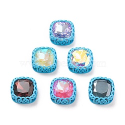 Sew on Rhinestone, Glass Rhinestone, with Brass Findings, Garments Accessories, Square, Mixed Color, Deep Sky Blue, 21.5x21x10mm, Hole: 2.5mm and 3mm(RGLA-M008-J01-04)