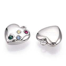304 Stainless Steel Charms, Manual Polishing, with Rhinestone, Heart Charms, Stainless Steel Color, 14x13x5mm, Hole: 1.6mm(STAS-T064-10P)