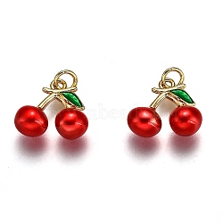 Brass Enamel Charms, Cherry Charms, Long-Lasting Plated, Real 18K Gold Plated, Red, 11x13x5.5mm, Hole: 2.4mm(KK-B026-13G-01)