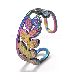 Rainbow Color Ion Plating(IP) 304 Stainless Steel Leaf Wrap Open Cuff Ring for Women, US Size 8(18.1mm)(RJEW-A005-10)