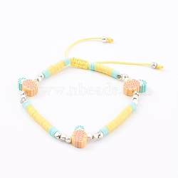 Adjustable Nylon Thread Braided Bead Bracelets, with Polymer Clay Heishi Beads and Brass Cube Beads, Pineapple, Silver Color Plated, Yellow, Inner Diameter: 2-1/4~3 inch(5.6~7.7cm)(BJEW-JB06042)