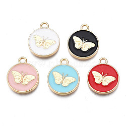 Alloy Enamel Pendants, Cadmium Free & Nickel Free & Lead Free, Light Gold, Flat Round with Butterfly, Mixed Color, 18x15x2mm, Hole: 2mm(PALLOY-N170-002-NR)