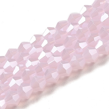 Imitation Jade Electroplate Glass Beads Strands, Pearl Luster Plated, Faceted, Bicone, Pink, 2.9~3.3x2.5mm, Hole: 0.7mm, about 145~150pcs/strand, 16.34~16.54 inch(41.5~42cm)