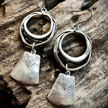 Bohemian Style Ring with Trapezoid Alloy Dangle Earrings, Antique Silver, 60mm