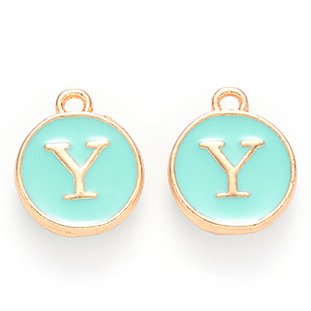 Golden Plated Alloy Enamel Charms, Cadmium Free & Lead Free, Enamelled Sequins, Flat Round with Letter, Turquoise, Letter.Y, 14x12x2mm, Hole: 1.5mm