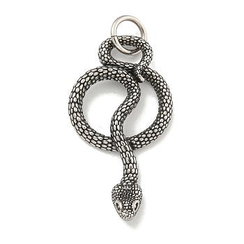 316 Surgical Stainless Steel Pendants, with Jump Ring, Snake Charm, Antique Silver, 47x25x6mm, Hole: 7mm