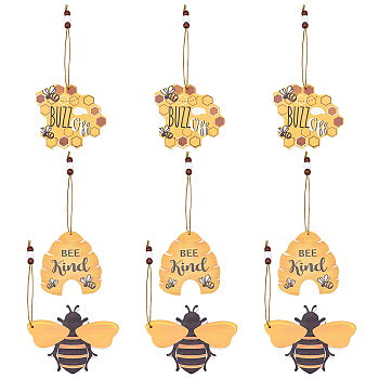 SUPERFINDINGS 9Pcs 3 Style Wood Pendant Decorations, with Hemp Cord, Bee Theme, Gold, 180~204mm, 3pcs/style