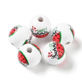 Summer Theme Printed Wood European Beads, Large Hole Watermelon Print Round Beads, Red, 16mm, Hole: 4mm