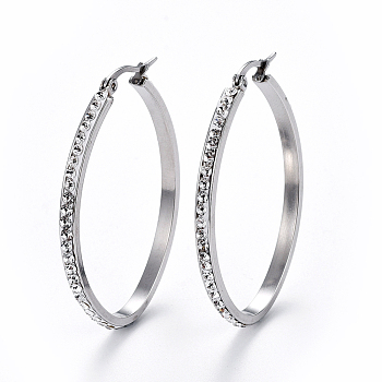 304 Stainless Steel Hoop Earrings, with Polymer Clay Rhinestone, Crystal, Stainless Steel Color, 53x39x3mm, Pin: 0.7x1mm