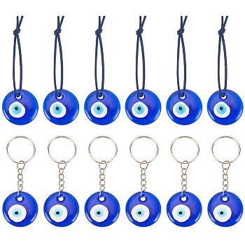 12Pcs 2 Style Glass Evil Eye Pendant Decorations, with Nylon Elastic Cord and Iron Findings, Blue, 83~90mm, 6pcs/style