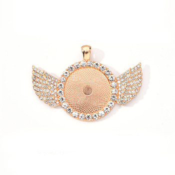 Alloy Pendant Cabochon Settings, with Crystal Rhinestone, Cadmium Free & Lead Free, Flat Round with Wing, Light Gold, Tray: 25mm, 41.5x60x3.5mm, Hole: 5x3.5mm