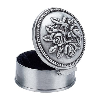 Aluminum Alloy Jewelry Box, Round with Flower, Antique Silver, 5.9x5.7x3.7cm