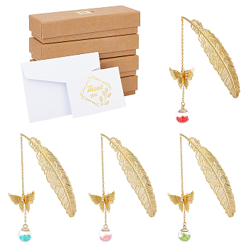Glass Ball & 3D Brass Butterfly Pendant Bookmarks, with Paper Thank You Greeting Card & Envelopes, Cardboard Boxes, Golden