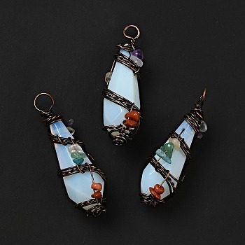Opalite Pointed Big Pendants, Faceted Bullet Charm, with Red Copper Tone Brass Findings and Mixed Chip Stones, Cadmium Free & Lead Free, 51~55x15~17x17~19mm, Hole: 5~6mm
