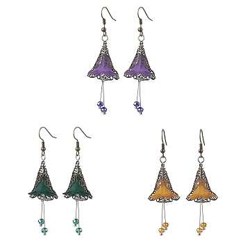 3 Pairs 3 Colors Glass & Acrylic Flower Dangle Earrings, Brass Long Drop Earrings, Mixed Color, 63x23.5mm, 1 Pair/color