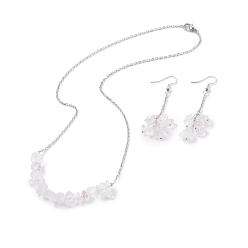Natural Quartz Crystal Chips Beaded Jewelry Set, Gemstone Pendant Necklace & Cluster Dangle Earrings with 304 Stainless Steel Cable Chains for Women, Stainless Steel Color, 60mm, Pin: 0.6mm,19.29 inch(49cm)