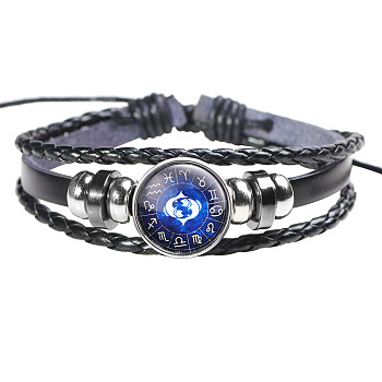 12 Constellation Leather Cord Bracelets, with Alloy Beads and Wax Cord, Flat Round, Pisces, 2-3/8 inch(6cm)