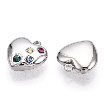 304 Stainless Steel Charms, Manual Polishing, with Rhinestone, Heart Charms, Stainless Steel Color, 14x13x5mm, Hole: 1.6mm