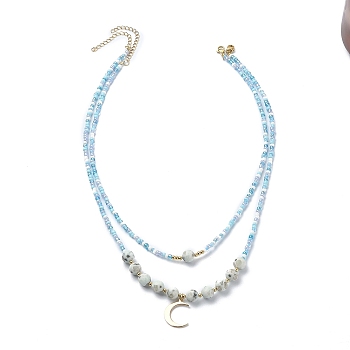 2Pcs 2 Style Glass Seed Beaded Necklaces, with Natural Sesame Jasper/Kiwi Jasper & Seed Beaded Necklaces Set, Brass Crescent Moon Pendant Stackable Necklaces, 20.55 inch(52.2cm), 17.32 inch(44cm), 1Pc/style