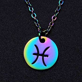 Rainbow Color Titanium Steel Constellation Pendant Necklace for Women, Pisces, 15.75 inch(40cm)