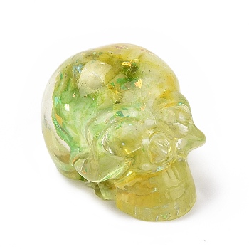Natural Fluorite Skull Beads, Halloween Transparent Resin Skull with Gold Foil, No Hole, Yellow Green, 23x22x25mm