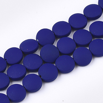 Spray Painted Non-magnetic Synthetic Hematite Beads Strands, Flat Round, Dark Blue, 8.5x4mm, Hole: 1mm, about 48pcs/strand, 15.7 inch