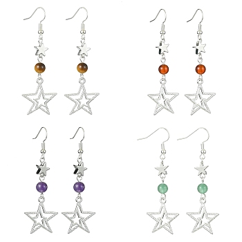 4 Pairs 4 Style Natural Mixed Gemstones Dangle Earrings, Hollow Star Tibetan Style Alloy Long Drop Earrings, 63x20.5mm, 1 Pair/style