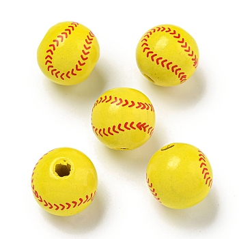 Printed Wood European Beads, Round, Baseball, 15.5~16mm, Hole: 4~4.5mm